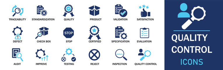 Quality control icon set. Featuring detailed illustrations of inspection, evaluation, product, quality assurance, process, testing and more. Cohesive set of scalable vector icons.