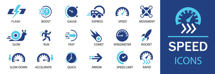 Speed icon set. Featuring detailed illustrations of fast, slow, movement, productivity, indicator, turbo, speeding, gauge, express and speedometer icons. Cohesive set of scalable vector icons.