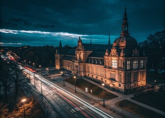 Fototapeta premium Long Exposure Night Photography of Stockholm Museum, Dramatic Lighting, Cityscape