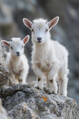 Obraz premium Two adorable white baby goats standing confidently on rocky terrain with curious expressions. Highlights innocence, playful nature, and rugged mountain habitat of young goats.