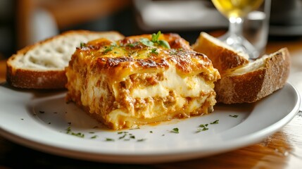 A cheesy slice of lasagna served on a white plate with garlic bread on the side.