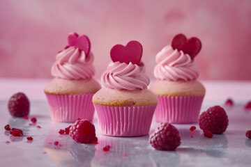 Three pink cupcakes with heart shaped frosting and raspberries on a light background