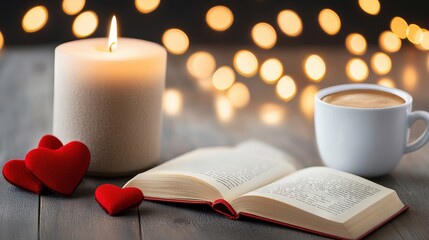 Cozy and Romantic Atmosphere with Open Book, Candle, Heart Decorations, and Coffee Cup on Wooden Table Surrounded by Soft Bokeh Lights for a Perfect Evening