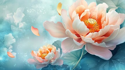 A vibrant arrangement of two large, stylized flowers in soft pastel colors.