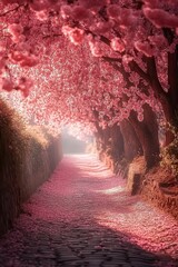  Pathway lined with cherry blossom trees in full bloom, pink petals blanketing the ground, creating a serene, picturesque springtime atmosphere.