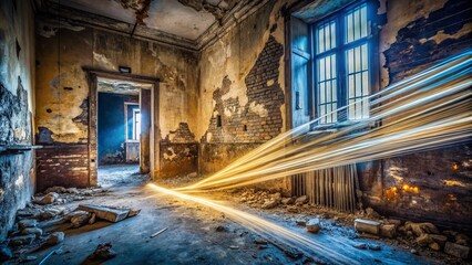Fototapeta premium Long Exposure Photo of Damaged Plaster Walls Revealing Asbestos Fibers