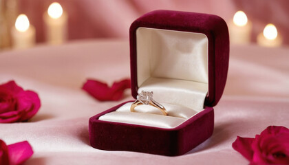 Engagement ring in velvet box surrounded by rose petals