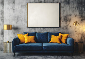 Modern Living Room with Blue Sofa, Gold Accents, and Blank Frame