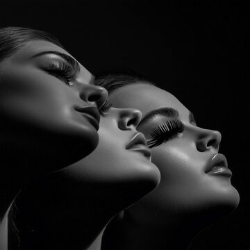 Three women on black background, fashion, horizontal, black and white, lashes