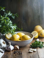 Lemons and herbs on a rustic wooden table with garlic and spices.