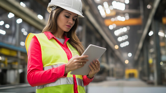 female engineer in high visibility vest and hard hat uses tablet in industrial setting, showcasing her focus and professionalism