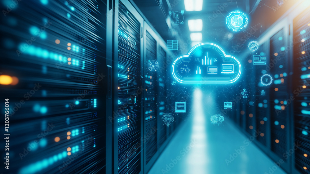 Poster futuristic digital cloud technology concept with glowing data icons in server room. image showcases 
