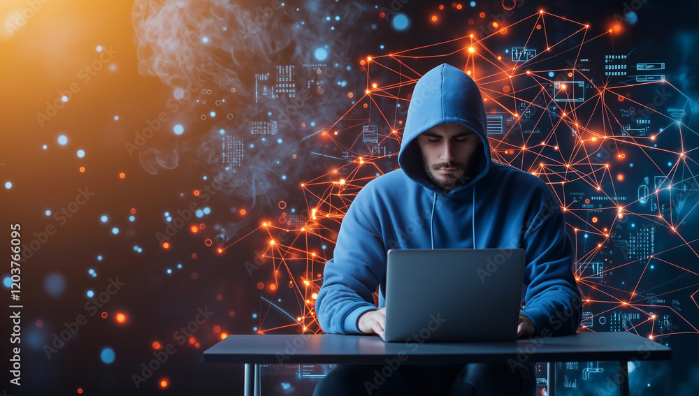 Poster hacker in blue hoodie works intently on laptop at table, surrounded by digital network of glowing co