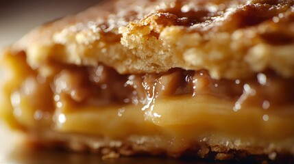 A close-up of a freshly baked fast food apple pie with golden crust and filling oozing out.