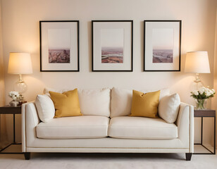 three wooden walls hanging on the wall in the modern living room, A contemporary living room with a white sofa and soft cushions, Wall art mockup