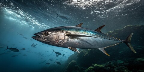 Fototapeta premium Long Exposure Photo of Shiny Tuna, Sleek Body, Culinary & Marine Study