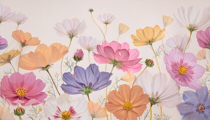 Fototapeta premium 和紙に描かれた手書き風のカラフルなコスモスの花柄の背景。AIで生成
