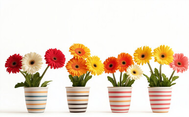 Colorful gerbera daisies in striped pots create vibrant display. cheerful flowers, with their bright hues, bring lively touch to any space, perfect for decoration or gifting
