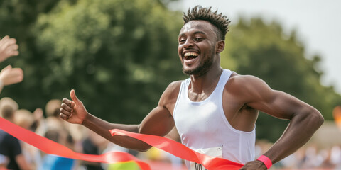 A runner smiles broadly as he crosses the finish line, celebrating his victory in a local marathon event. The vibrant atmosphere is filled with cheering spectators.