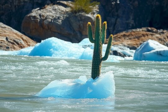 A cactus growing in the middle of an iceberg symbolizing resilience and survival in the most unlikely environments.