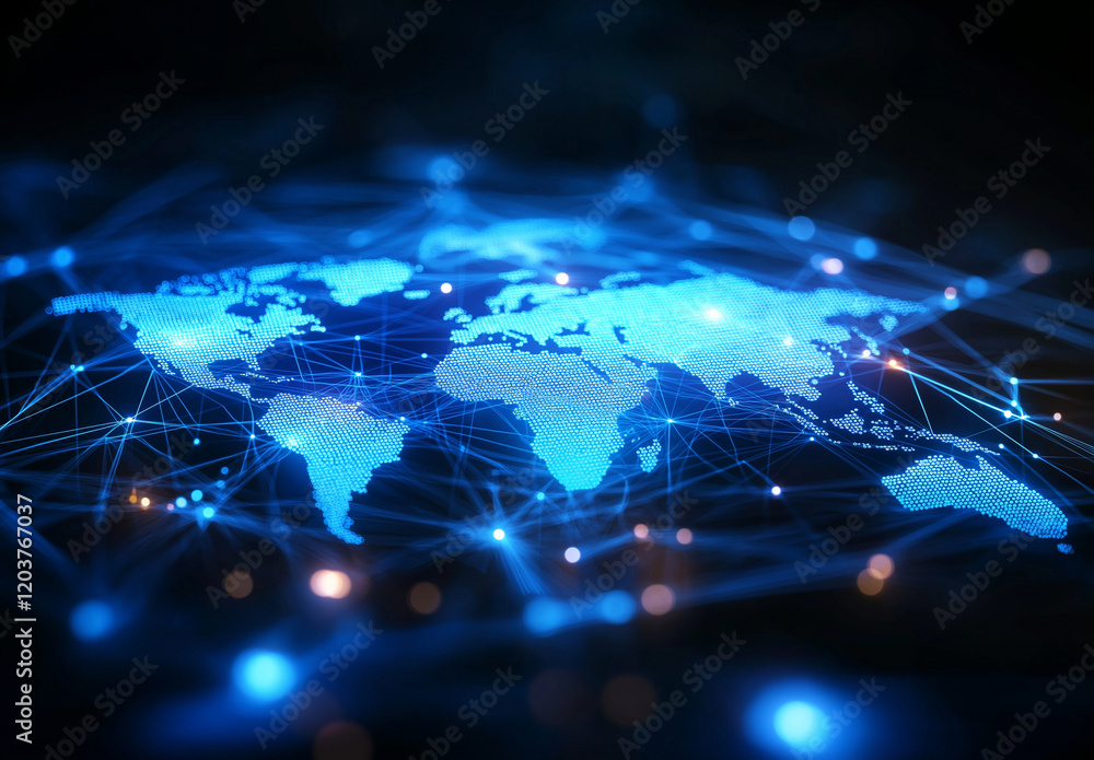 Poster abstract glowing blue world map with global network connections, showcasing interconnected data poin