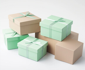 Obraz premium Gift boxes in various sizes and colors stacked on white background, creating cheerful and festive atmosphere. Perfect for celebrations and special occasions