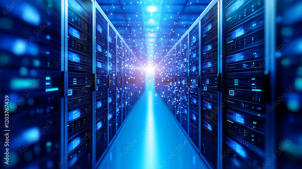 Aufkleber digital illustration of data center with rows of servers, glowing lights, and futuristic atmosphere.