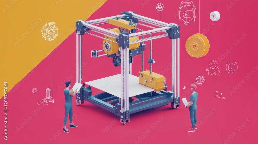 Poster modern 3d printer in use with two individuals observing in a vibrant studio setting