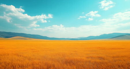 Obraz premium Wide shot of a clear blue sky above an endless field of yellow grass.