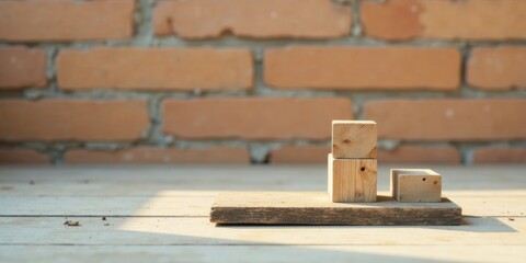 Wooden blocks arranged on a rustic surface against a blurred brick backdrop, showcasing simple geometric shapes and natural textures in a sunlit setting.