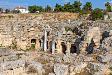 The Ancient Fountain of Peirene in Ancient Corinth, a historic landmark known for its architectural...