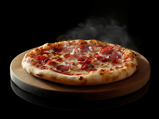dramatic and bold pepperoni pizza on wooden board in a dark background