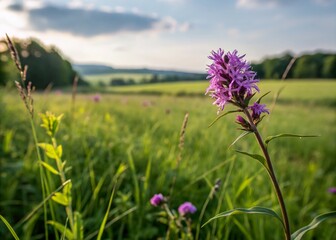 Obraz premium Long Exposure Purple Flower in Green Field - Vibrant Nature Photography