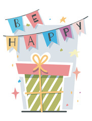 Colorful Be Happy banner above a gift box with a striped pattern, ribbon, and cheerful confetti on a white background. Celebration and joy concept. Vector illustration