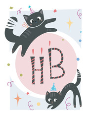 Two playful black cats wearing party hats with HB text in a festive design, surrounded by confetti and sparkles on a light background. Celebration concept. Vector illustration.
