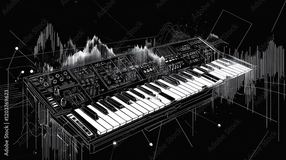 Poster abstract grayscale synthesizer with digital sound waves.