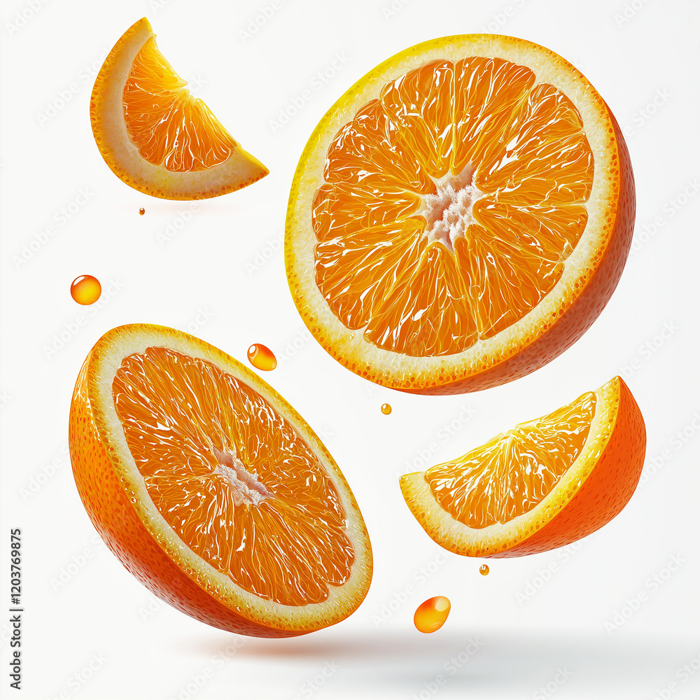 Poster sliced orange segments floating with juice droplets on white background create vibrant and fresh vis