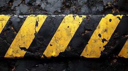 Naklejka premium Cautionary Stripes: Close up, gritty texture of faded yellow and black warning stripes on weathered asphalt, conveying a sense of caution and danger. 