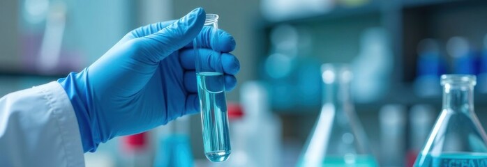 Scientist wearing blue gloves holding test tube with light blue liquid