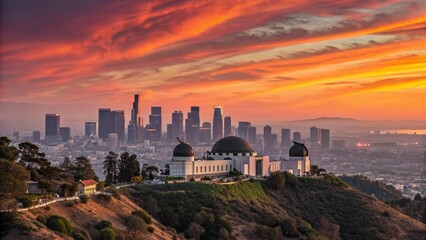 Fototapeta premium Los Angeles Sunset Skyline: Golden Hour Panoramic Cityscape