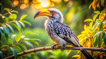 Fototapeta premium Yellow Billed Hornbill Resting on Branch in Nature - Exotic Wildlife Photography, Vibrant Colors, Tropical Environment, Birdwatching, Animal Portrait, Natural Habitat, Close-Up