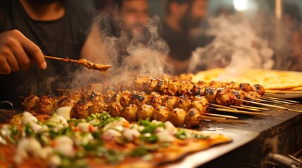 Fototapeta premium A food truck at a night market serving spicy kebabs and garlic naan to customers.