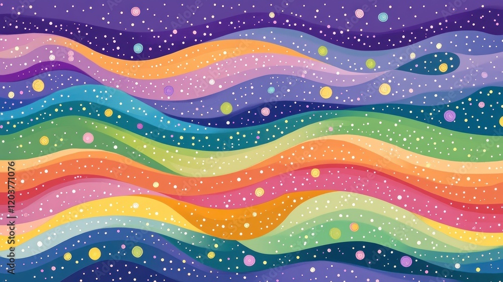 Poster rainbow wave pattern with stars and dots background.
