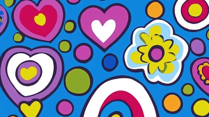 Fototapeta premium Vibrant Abstract Art with Hearts, Flowers, and Circles on Blue Background.