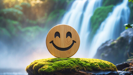 wooden smile emoji on the green moss with waterfall background