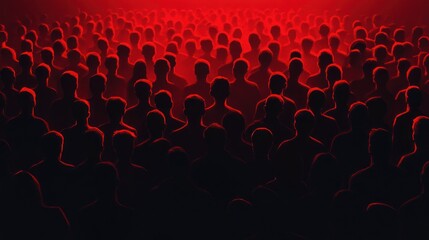 Red-lit crowd of anonymous silhouettes.