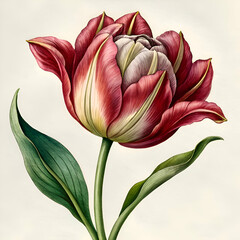 Fototapeta premium A Single Red and White Tulip with Green Leaves.