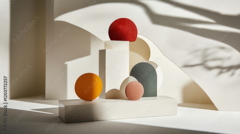 Poster abstract composition of colorful geometric shapes on a textured surface with soft shadows