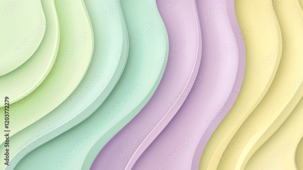 Poster abstract pastel wave background with layered curves and soft colors.