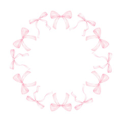 cute festive bows. Watercolor round frame on white background for textile, wrapping paper. Cute children's illustration in pastel colors